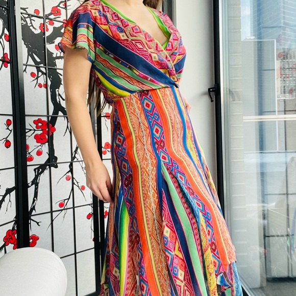 🚢Polo Ralph Lauren Multicolored Printed Silk Asymmetric Hem Detail Dress Tribal - Picture 17 of 17